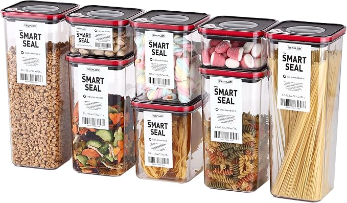 Neoflam Smart Seal 8pc Patent Airtight Kitchen Pantry Canister/Organizer Clear Plastic Container & Simple Twist, 100% Leak Proof, Dishwasher Safe, BPA Free, Dry Food Storage Set, Square, Black/Red Lid by Neoflam
