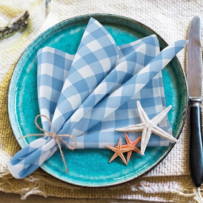 Funnymoom 24 Pcs Blue and White Plaid Gingham Cloth Napkins Coastal Nautical Beach Reusable Napkins Coastal Party Dinner Soft Absorbent for Kitchen Ocean Sea Decorations Summer Holiday Party - Image 6