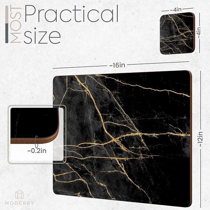 Set of 4 Heat Resistant Cork Placemats for Dining Table with Free Set of 4 Matching Drink Coasters Marble Design 16 x 12 Inches Cork Backed Hard Placemats (Black & Gold) - Image 7