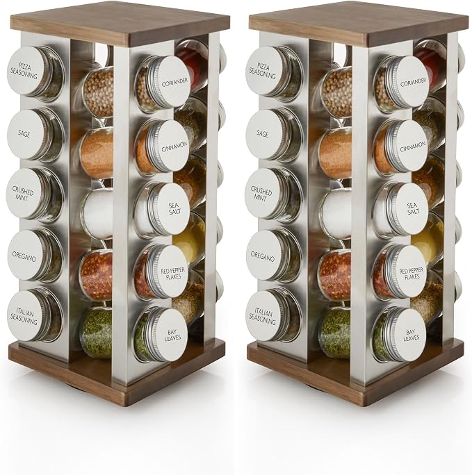 Kamenstein 20 Jar Vintage Revolving Countertop Spice Rack Organizer with Spices Included, FREE Spice Refills for 5 Years, Wood and Stainless Steel with Metal Caps (Pack of 2) by Kamenstein