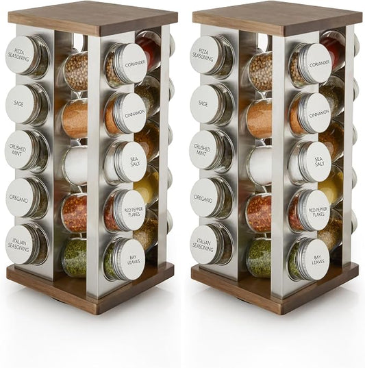 Kamenstein 20 Jar Vintage Revolving Countertop Spice Rack Organizer with Spices Included, FREE Spice Refills for 5 Years, Wood and Stainless Steel with Metal Caps (Pack of 2) by Kamenstein