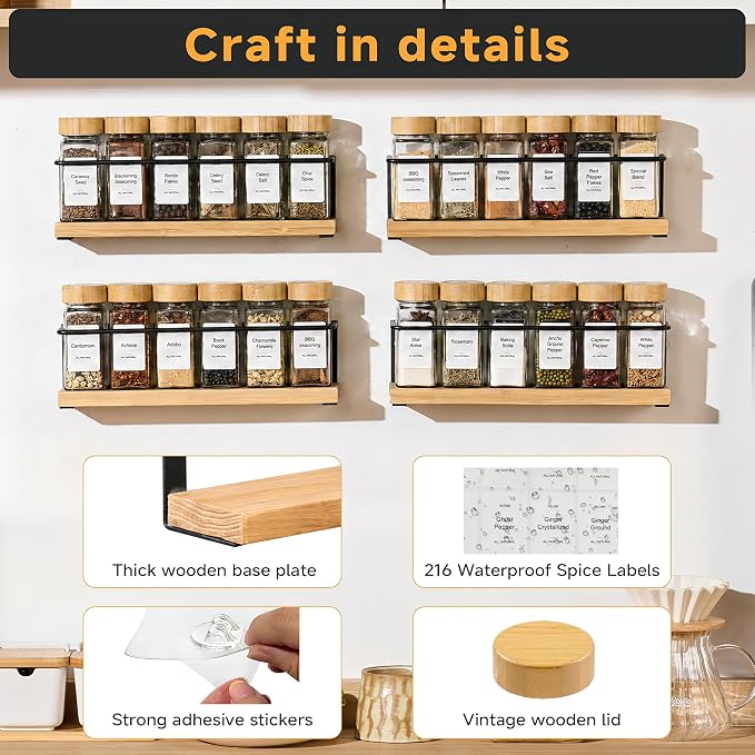 4-Tier Wall Mount Spice Rack Organizer with 24 Glass Jars, 216 Labels & Funnel - Screw/Adhesive Mount, Black Metal & Bamboo Spice Storage for Kitchen Pantry Cabinet, 11.6”W x 2.4”D x 3.2”H - Image 3