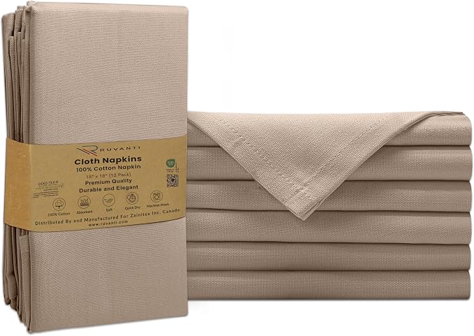 Ruvanti Cloth Napkins Set of 6, 100% Cotton High GSM 18x18 Inches Soft, Washable, Highly Durable & Absorbent, Perfect for Parties, Christmas, Thanksgiving Dinners – Light Taupe by Ruvanti