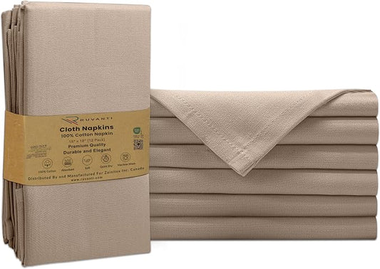 Ruvanti Cloth Napkins Set of 6, 100% Cotton High GSM 18x18 Inches Soft, Washable, Highly Durable & Absorbent, Perfect for Parties, Christmas, Thanksgiving Dinners – Light Taupe by Ruvanti