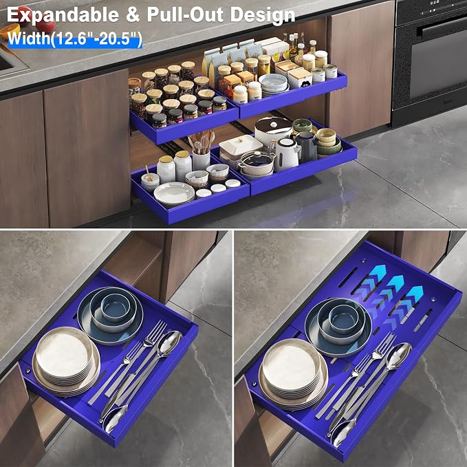 Mustorn 2 Pack Pull Out Cabinet Organizer, Expandable Slide Out Drawers for Kitchen Cabinets Peel and Stick Pullout Drawer Heavy Duty Sliding Shelves for Cupboard, Pantry, Bathroom(16.5" Deep, Blue) - Image 3