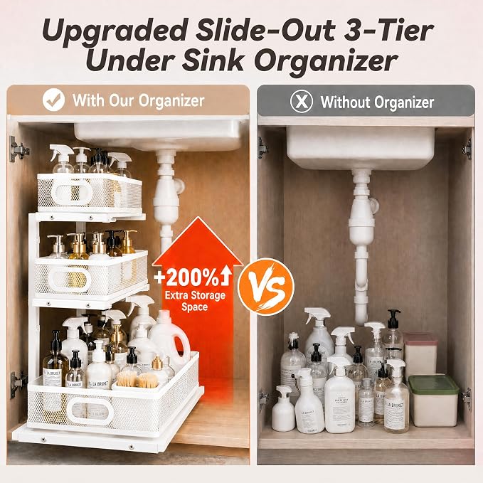 3-Tier Under Sink Organizer 2-Pack Organization for Bathroom Kitchen,White | Thickened Metal Pull Out Cabinet Shelf Height Adjustable Slide Out Drawer Storage Rack for Pantry Laundry Home Office - Image 3