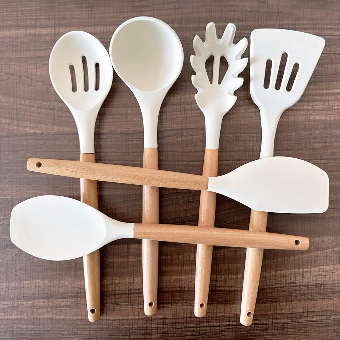 Kitchen Cooking Utensils Set 6Pcs Non-Stick Silicone Kitchen Utensils Spatula Spoon Turner Ladle Pasta Server, Heat Resistant Wooden Handle Silicone Cooking Gadgets Sets for Cookware & Baking - Image 6