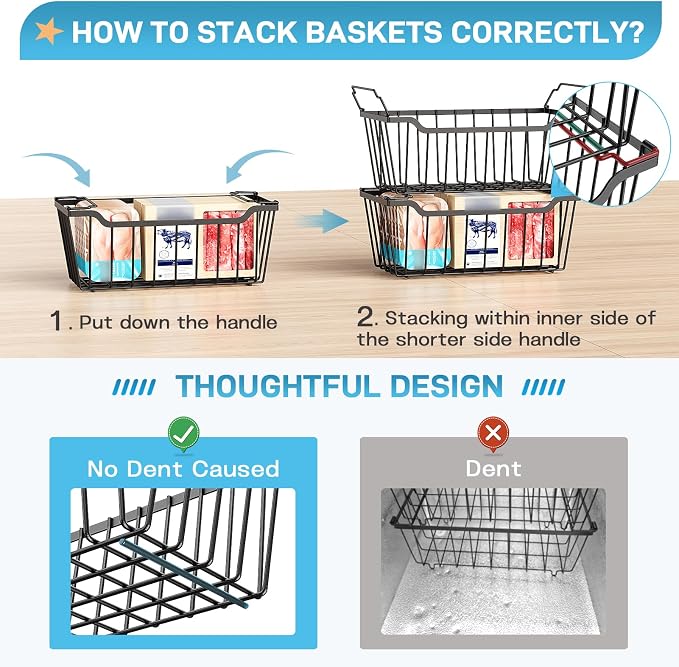 SUNALLY Freezer Organizer Bins, 8 Pack Stackable Pantry Storage Bins, Black | Chest Freezer Organizer for 5-7 Cu.FT Deep Freezer to Sort Frozen Meats & Food, Wire Baskets for Pantry Organizers & Storage - Image 3