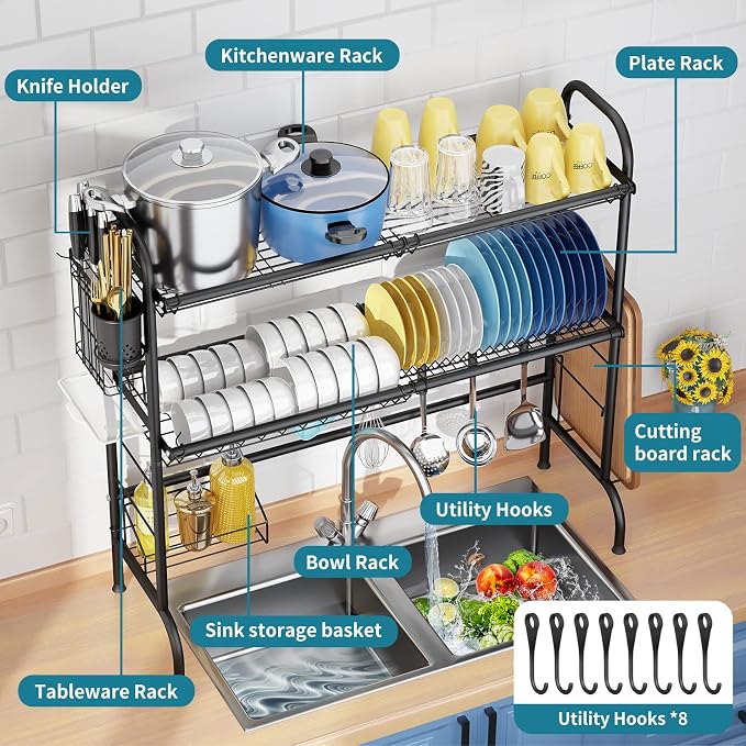 HOWDIA 3-Tier Over The Sink Dish Drying Rack,Stainless Steel Dish Rack | With Cutlery Holder & Chopping Board Rack, 33.9” x 11.4” x 32.3” for Maximum Kitchen Storage, Black - Image 5