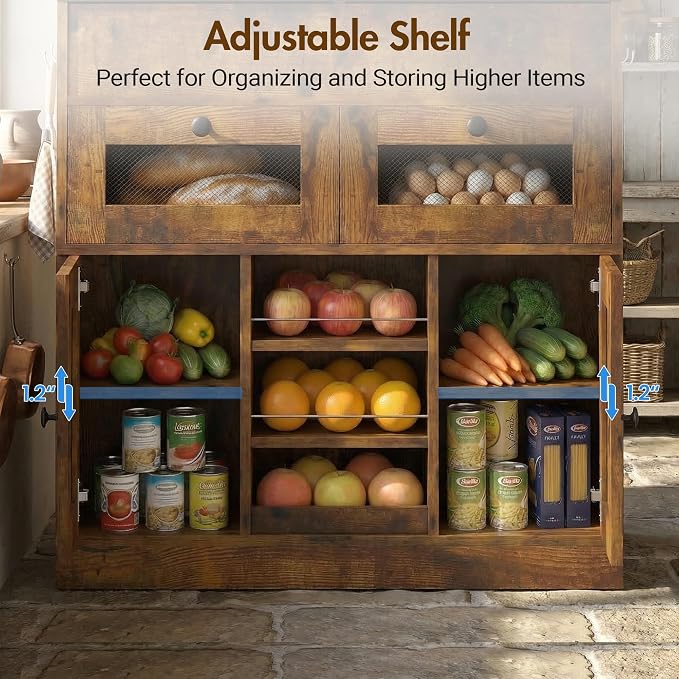Wooden Potato and Onion Storage Bin with Lid, Potato Bin with 2 Mesh Drawers, 5-Tier Fruit & Vegetable Cabinet with Mesh Doors, Rustic Kitchen Organizer with Adjustable Shelves for Pantry (31.9") - Image 7