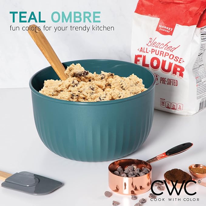 COOK WITH COLOR 4pc Plastic Mixing Bowl Set with Lids (Teal Ombre, 210 ml, 550 ml, 1150 ml, 3500 ml) - Sturdy, Nesting, BPA Free, Dishwasher Safe, Food Safe, Bowls for Cooking and Baking - Image 3