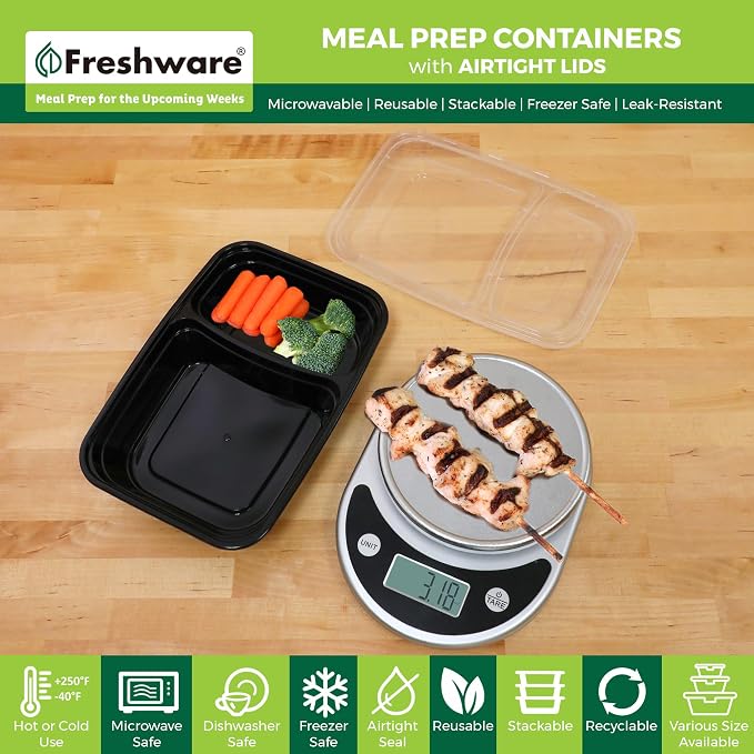 Freshware Meal Prep Containers with Lids 28 oz [150 Pack] 2-Compartment Food Storage Containers, Bento Box Lunch Containers, BPA Free, Airtight, Stackable, Reusable, Microwave/Dishwasher/Freezer Safe - Image 2