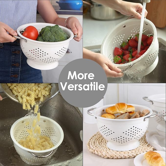 Stainless Steel Colander Set for Kitchen,1.5,3 & 5 Qt,White | metal Pasta&Vegetable Strainer，Ergonomic Side Handles，Space-Saving Nesting Design - Image 7