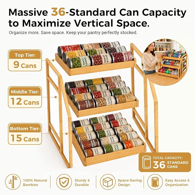 MinBoo 3-Tier Bamboo Can Organizer for Pantry - Holds 36 Cans (9/12/15) - Stackable Canned Food Dispenser with Adjustable Dividers - Gravity-Fed Rolling Storage Rack for Kitchen Cabinets - Image 5