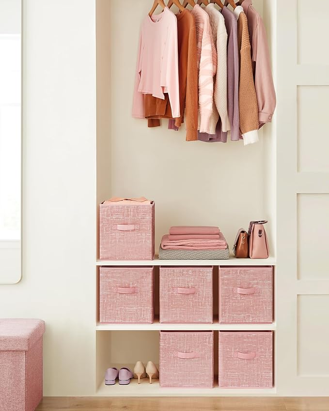 SONGMICS Storage Cubes, 11-Inch Non-Woven Fabric Bins with Double Handles, Set of 6, Closet Organizers for Shelves, Foldable, for Clothes, Jelly Pink UROB026R01 - Image 2