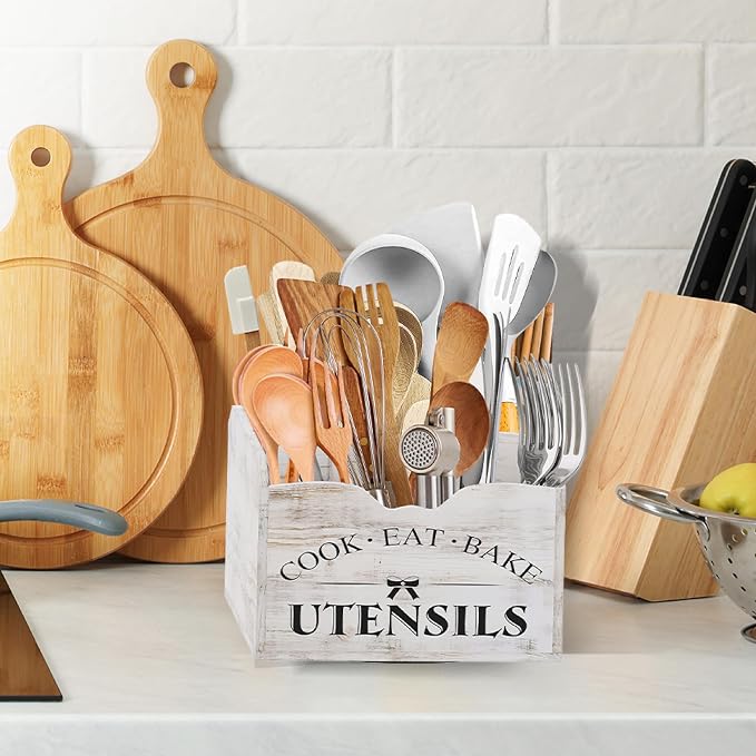 Extra-Large Kitchen Utensil Holder for Countertop-360° Rotating Base | 6-Compartments Cooking Utensil Organizer, Removable Divider, Wooden Utensil Organizer for Countertop, Farmhouse Kitchen Decor - Image 7