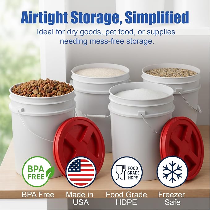 5 Gallon Bucket - Food Grade w/Lid BPA-Free, White/Red, 3 | Airtight Gamma Seal Screw-On Lid, Heavy-Duty 90 Mil HDPE Plastic, Food Safe and Durable Container, Bulk Storage, Made in USA - Image 2