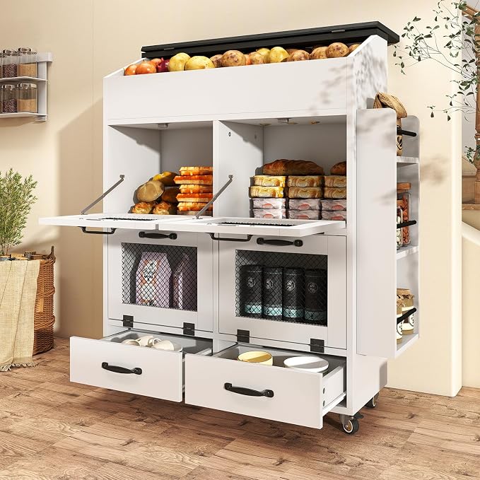 Verano Garden 31.5" Large Potato and Onion Storage Bin on Wheels, Bread Box | Fruit and Vegetable Organizer, Rolling, Side Rack, Flip-top, Mesh Doors, 4-Tier, Grocery Section, Ventilated, Wood, Kitchen - Image 8