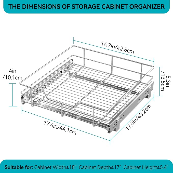 Pull Out Cabinet Organizer 18" W X 17" D, Chromed, Full Slide Out Drawers | For Kitchen Organizers and Storage, Pull Out Drawers For Cabinets Capacity Heavy Duty Caddy, Cabinet Shelves, Bathroom Pantry - Image 2