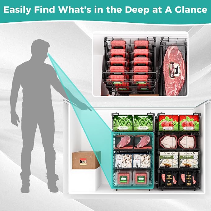 OPENICE Expandable Freezer Organizer Bins for Deep Freezer (4 PCS, Black) | Stackable Bins for Chest Freezer Organization | with 5 Tags for Efficient Classification | Fits 10 to 20 Cu.Ft Freezer - Image 6