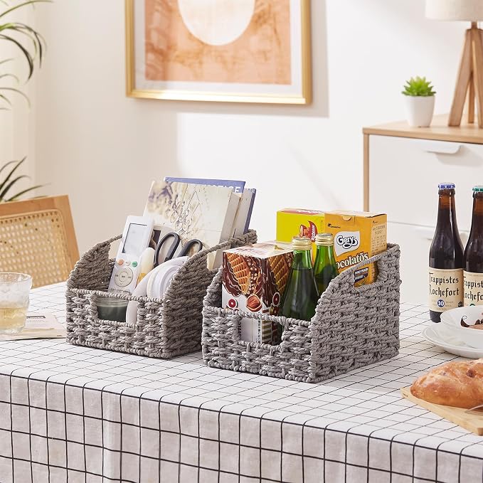 OIAHOMY Pantry Baskets for Organizing, Paper Rope Baskets with Built-in Handles, Wicker Storage Bins for Shelves, 2 Pack-Grey - Image 8