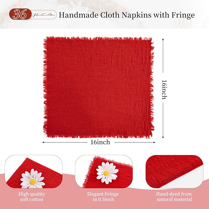 36 Pack Red Cloth Napkins Cotton Linen Napkin 16 x 16 Inch Red Napkins Cloth Handmade with Fringe Soft Washable Rustic Dinner Napkin Cloths for Wedding Party Dinner Table - Image 2
