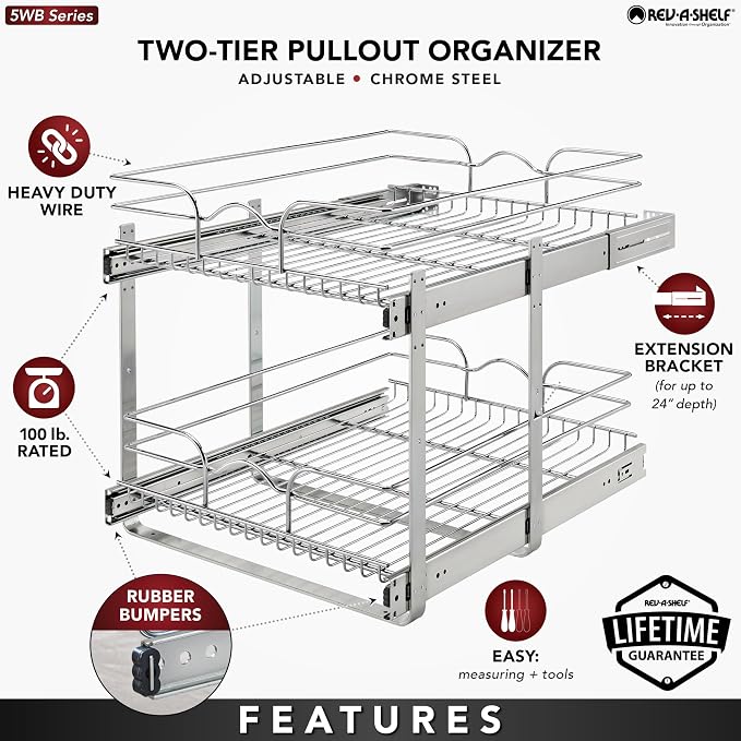 Rev-A-Shelf Pullout Organizer for Cabinets, Min Opening Width of 18" | STwo-Tier Steel Shelf for Kitchen or Vanity Cabinet Organization, Heavy Gauge Wire Slide Out Storage Basket, 5WB2-1822CR-1 - Image 5