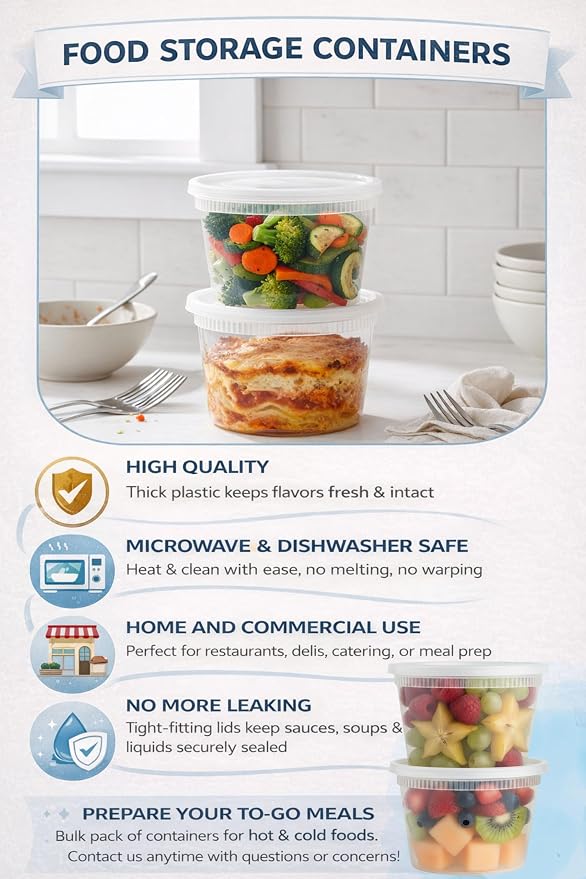 BluShine Deli Containers with Lids, Plastic Food Storage Containers | 16 oz, 32 sets Plastic Deli Food Storage Containers with Airtight Leak Proof Lids, Reusable, Microwave and Freezer Safe - Image 5