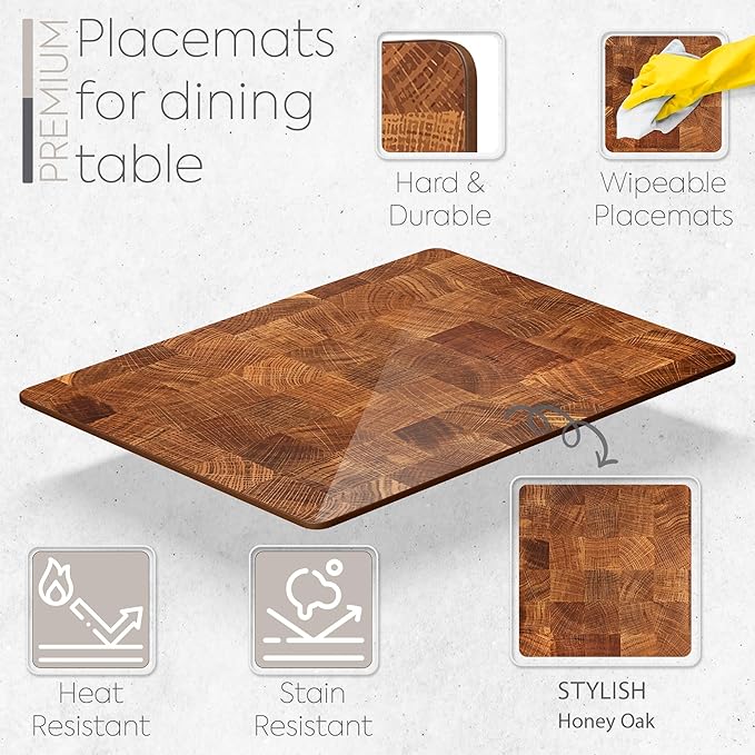 Set of 4 Heat Resistant Cork Placemats for Dining Table with Free Set of 4 Matching Drink Coasters Marble Design 16 x 12 Inches Cork Backed Hard Placemats (Honey Oak) - Image 2