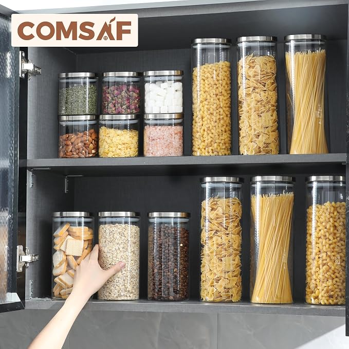 ComSaf Glass Food Storage Containers with Stainless Lids, 44 OZ Clear Glass Jar with Lid, Glass Containers with Lids set of 3, Flour Container for Pasta Sugar Tea Coffee Bean, Kitchen Canister Set - Image 5