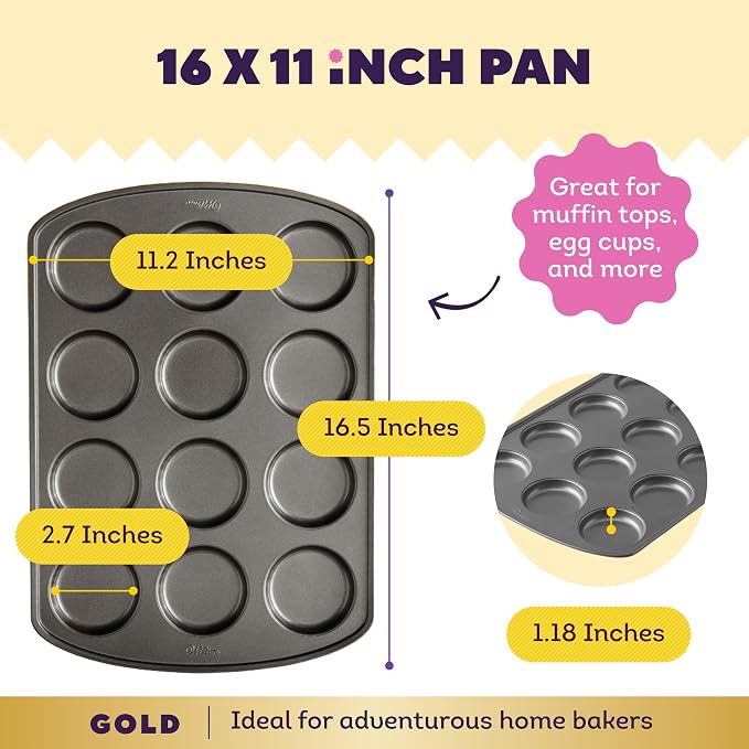 Wilton Gold Non-Stick Muffin Top Pan, Stainless Steel, 11 x 16 in. | Non-Stick Steel with Scratch-Resistant Coating, Resists Warping, Extended Handles, Dishwasher Safe, Perfect for Muffin Tops - Image 3