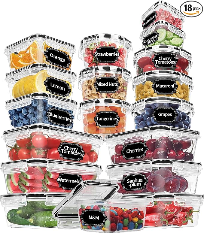 Skroam 36 Pack Food Storage Containers (18 Airtight Kitchen Storage & 18 Lids), Plastic BPA-Free Meal Prep Container for Pantry Organizers and Storage with Free Labels & Marker by Skroam