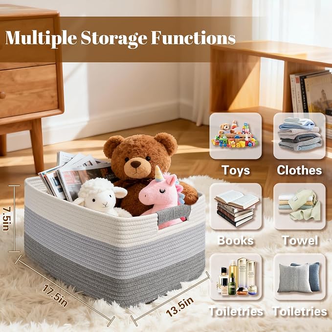 3 Pack Large Storage Basket for Organizing, 17.5"x13"x7" Woven Basket for Shelves, Closet Cube Storage Bins with Wrapped Handle, Cotton Rope Baskets for Kitchen, Clothes, Toys(Gradient Grey) - Image 2