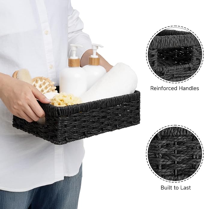 StorageWorks Wicker Baskets for Organizing, Paper Rope Black Baskets,2-Pack | Black Wicker Basket, Black Storage Basket, Woven Baskets for Storage, Small Baskets for Organizing, Wicker Storage Baskets - Image 4