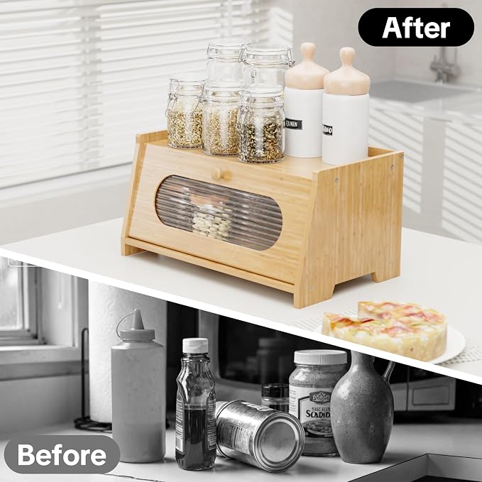 Bamboo Bread Box for Kitchen Countertop,Large Capacity Kitchen Countertop Organizer,Bread Storage with Acrylic Window for Cabinet,Pantry,Cupboard - Image 6