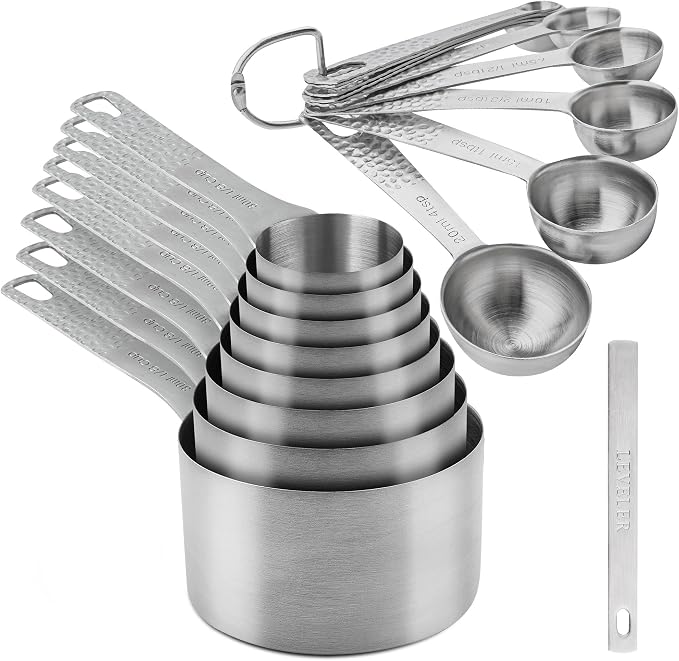 Measuring Cups and Spoons Set 20 for Dry & Liquid, Metric & US 18/8 Stainless Steel Measuring Cups and Spoons Set with Leveler for Baking & Kitchen, 8 Measure Cup and 9 Spoon & Leveler by SUNMVEHOT