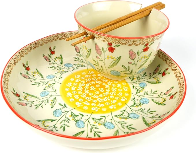 Ceramic Ramen Bowl Set | Ella Collection by Euro Ceramica | Salad Soup Ramen Bowl 2 Sizes Included with Chopsticks | Microwaveable Bowl for Ramen, Noodles, Pho, and Udon - Red Floral Design by EuroCeramica