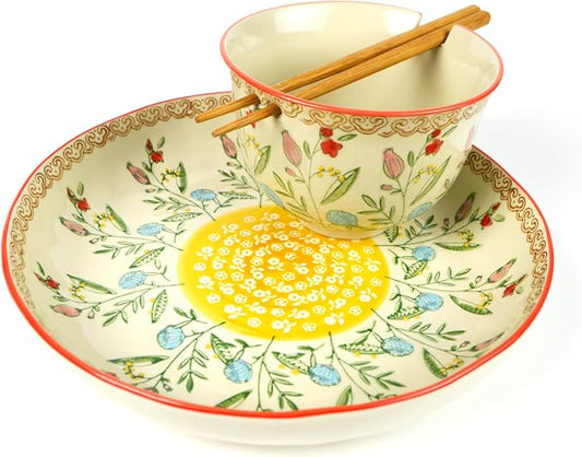 Ceramic Ramen Bowl Set | Ella Collection by Euro Ceramica | Salad Soup Ramen Bowl 2 Sizes Included with Chopsticks | Microwaveable Bowl for Ramen, Noodles, Pho, and Udon - Red Floral Design by EuroCeramica