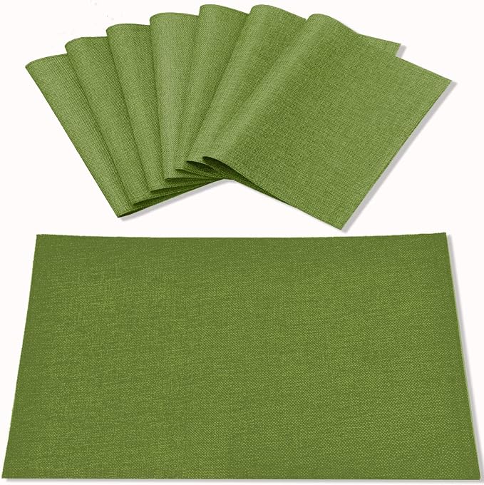 Cloth Placemats Set of 8, Linen Type Fabric Placemats Machine Washable Heat Resistant Placemats Wrinkle Free Thick Polyester Kitchen Place Mats for Dining Table (Green) by Rinpon