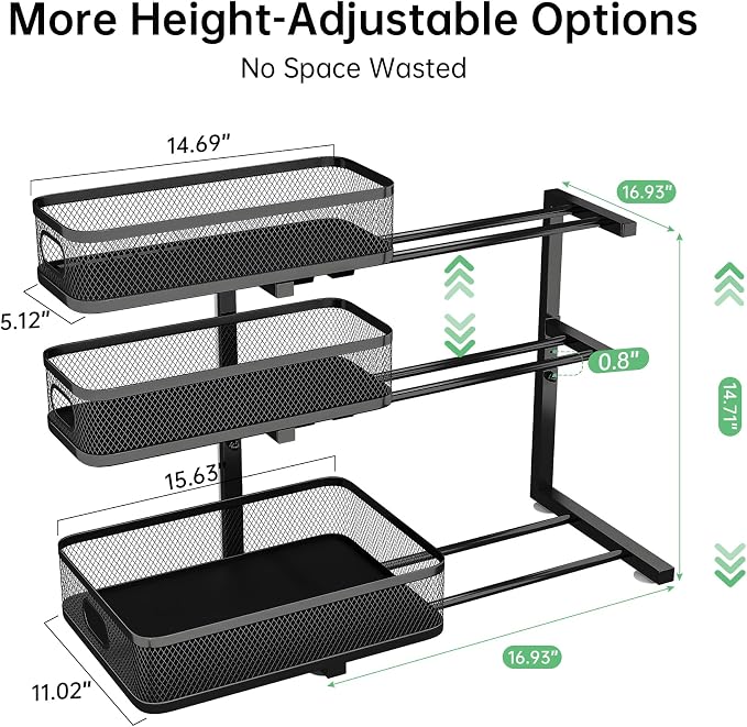 3-Tier Under Sink Organizer, Pull Out Cabinet Organizer for Kitchen & Bath | Height Adjustable, Heavy Duty Carbon Steel Holds 60 lbs, Rust-Proof Fits Kitchen Cabinet, Bathroom, Pantry & Laundry - Image 2