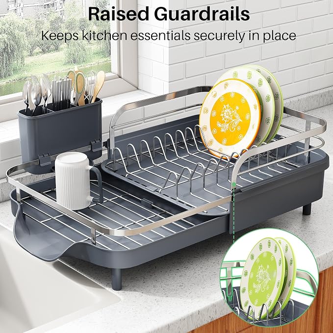 SAYZH Expandable Dish Drying Rack for Small Kitchen Counter, Grey | Stainless Steel, Protective Guardrail, Angled Drainboard, Fits High-Rim Sinks, Removable Utensil Holder - Image 6