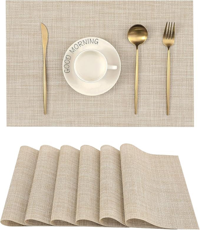 Leetaltree Beige Placemats Set of 6 - Heat-Resistant, Non-Slip Table Mats, Washable Woven Vinyl for Indoor & Outdoor Dining by Leetaltree-ArtatEveryTable
