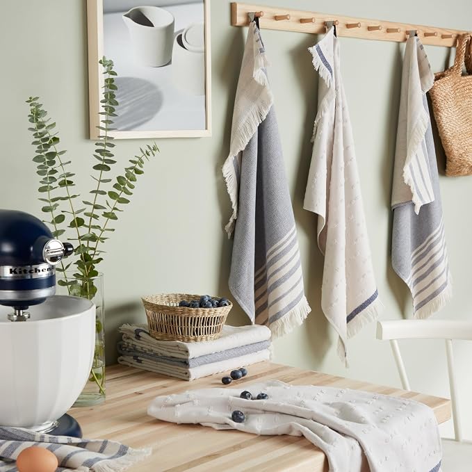 KitchenAid Vintage Stripe Kitchen Towels 8-Pack, Absorbent 100% Woven Cotton, Ink Blue/Ivory, 17”x28” - Image 2