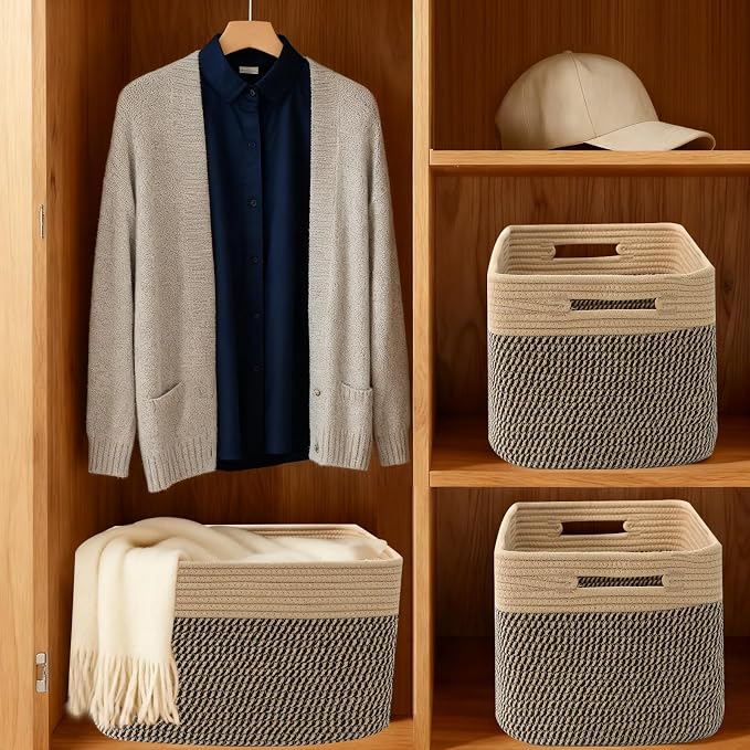 3 Pack Woven Baskets,Storage Baskets for Shelves with Handles | 13.5"×11"×9.5", Closet Baskets, Nursery Organizer for Toys Towels Books, Storage Bin for Living Room Bedroom (Jute & Black) - Image 8