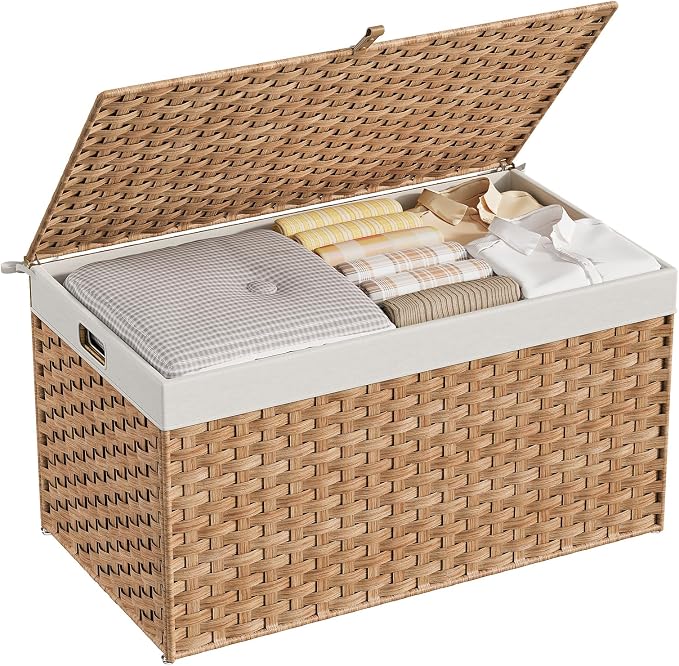 HOOBRO Storage Basket with Lid, 42.3 Gallon (160L) Wicker Basket, Handwoven Blanket Storage Basket with Handles, Metal Frame and Soft Lining, Foldable for Bedroom, Laundry Room, Natural NL216CW01 - Image 8