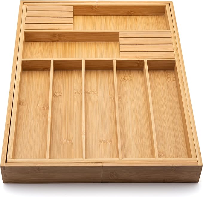 Purawood Bamboo Drawer Organizer with Knife Blocks - Silverware Organizer & Utensil Drawer Organizer, Cutlery Tray with Dividers, 7-9 Slots- Premium Kitchen Organizer for Utensils & Flatware (Natural) - Image 4