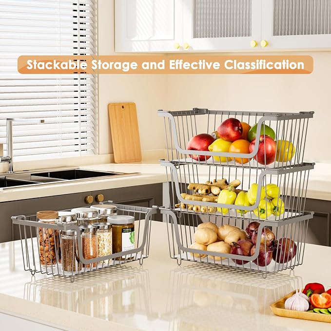 4 Pcs Stackable Wire Baskets for Pantry Organizers and Storage, Gray | Metal Baskets with Handles,Produce Potato Onion Storage Bin,Vegetable Fruit Basket for Countertop, Kitchen Storage - Image 2