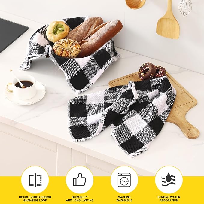 Homaxy Kitchen Towels and Dishcloths Set, Set of 8, White & Black | Bulk Cotton Waffle Weave Check Plaid Kitchen Towels, Super Soft and Absorbent Dish Cloths, 12 x 12 and 20 x 28 Inches - Image 6