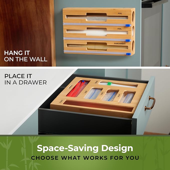 Kitchen Drawer Organizer, 9" 1 Sandwich Storage Bag Organizer & Foil Wrap | Bamboo Storage, Fits Gallon, Quart & Snack Sizes – Wall Mountable, Please Measure Before Ordering - Image 6