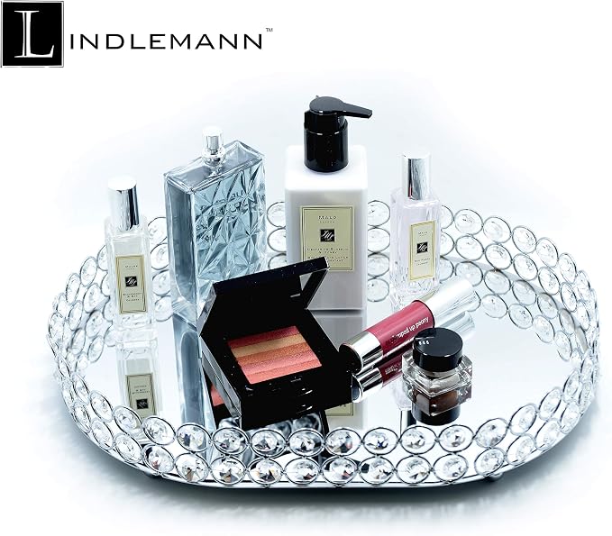 Crystal Vanity Tray Decorative Mirrored Dresser Perfume Trays for Makeup Cosmetic Storage Jewelry Trinket Storage Organizer for Bathroom Countertop Home Décor (Oval, 14x10in, Silver) - Image 3